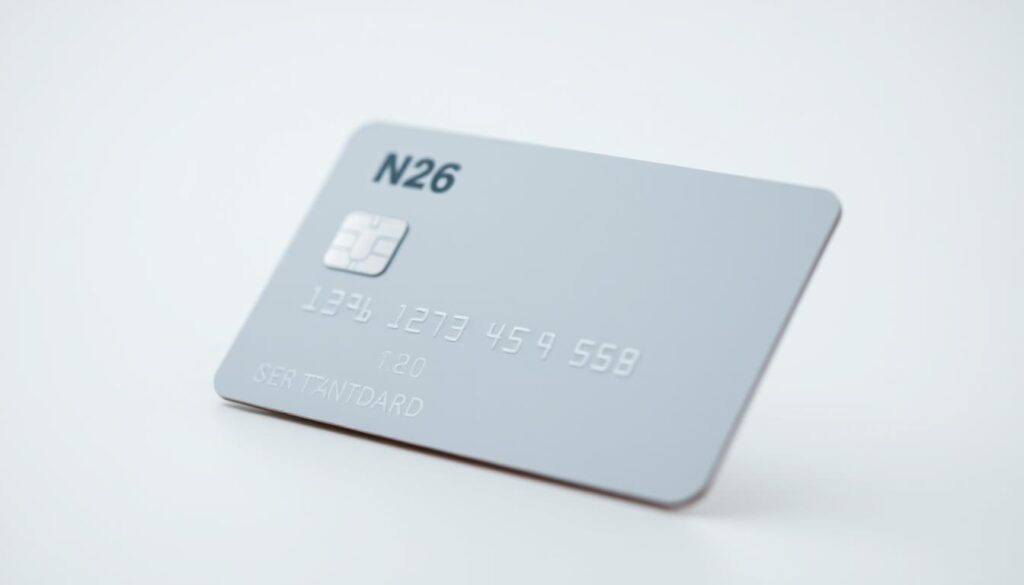 A close-up view of the N26 Standard debit card, capturing its sleek design and minimalist aesthetic. The card is positioned prominently in the foreground, with a smooth, reflective surface that gleams under soft, directional lighting. The background is subtly blurred, allowing the card to be the central focus, showcasing its clean lines and the N26 logo. The image conveys a sense of simplicity, practicality, and modern banking, perfectly aligning with the section title "Kosten, Gebühren und Leistungsumfang der Standardkarte".
