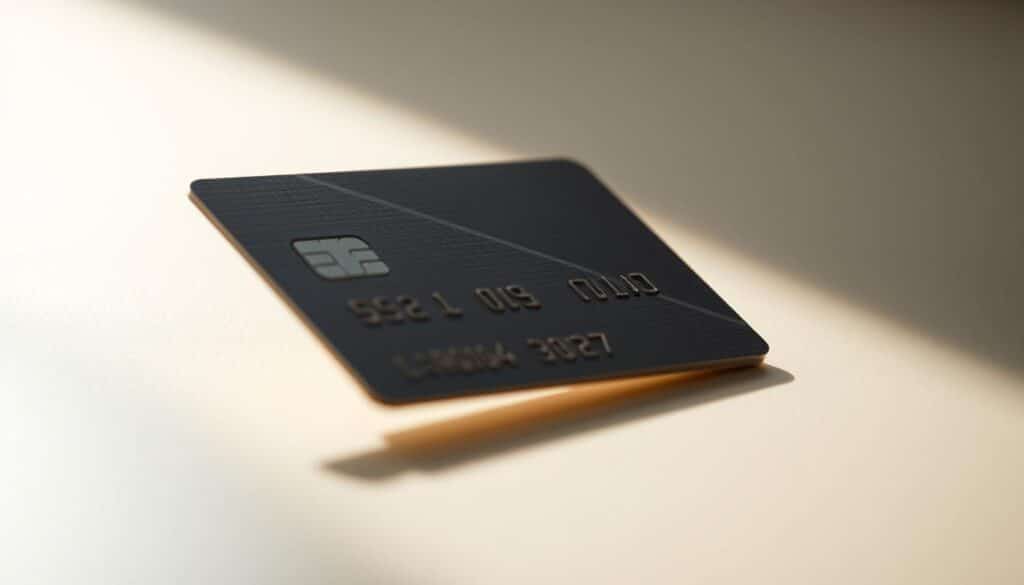 A closeup shot of a Danish travel credit card with a clean, minimalist design. The card is made of metal or high-quality plastic, with a subtle textured surface and sharp, angular edges. The card is shown at a slight angle, casting soft shadows that highlight its sleek, modern aesthetic. The background is blurred, creating a sense of depth and emphasizing the card as the focal point. The lighting is soft and diffused, creating a warm, premium feel. The overall composition and styling convey a sense of luxury, practicality, and the card's suitability for international travel and transactions.