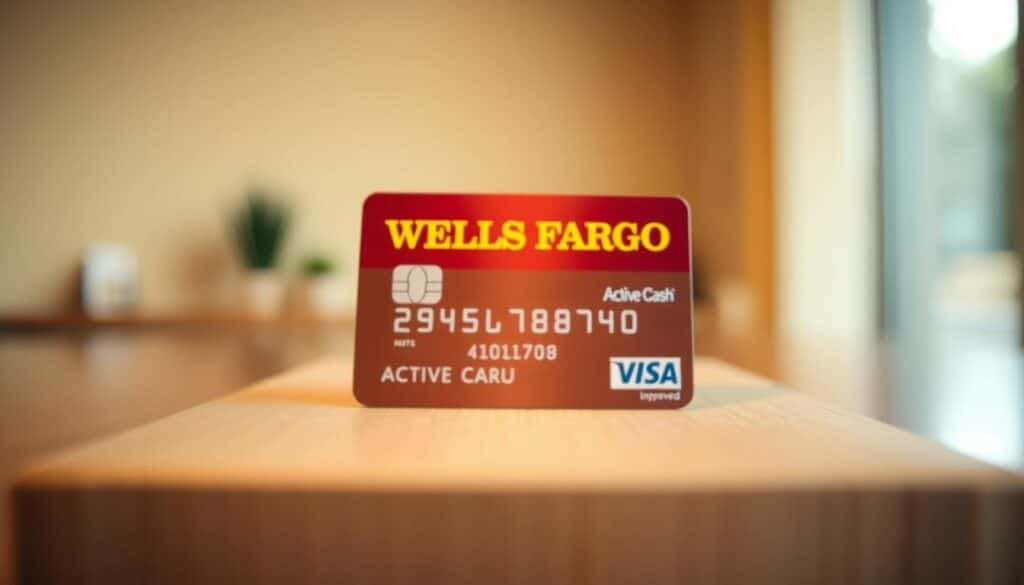 A closeup view of a Wells Fargo Active Cash credit card being approved and delivered, captured in a warm, soft-lit studio setting. The card is centered in the frame, its shiny surface reflecting the light. The background is slightly blurred, creating a sense of depth and focus on the card. The image conveys the efficiency and convenience of the card's approval and delivery process, with a clean, modern aesthetic that aligns with the Wells Fargo brand.