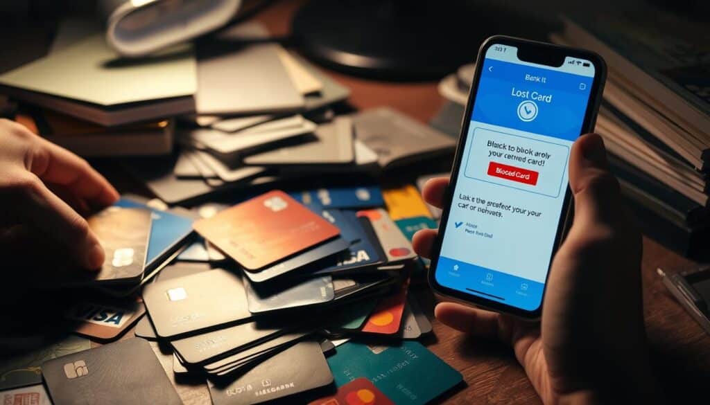 A cluttered desk with scattered bank cards, a hand accidentally dropping a credit card, and a smartphone screen displaying a banking app's blocked card interface. The scene is dimly lit, creating a sense of frustration and financial unease. The image should convey the common mistakes people make when attempting to quickly block their lost or stolen bank cards, emphasizing the importance of a calm and informed approach to protecting one's financial security.