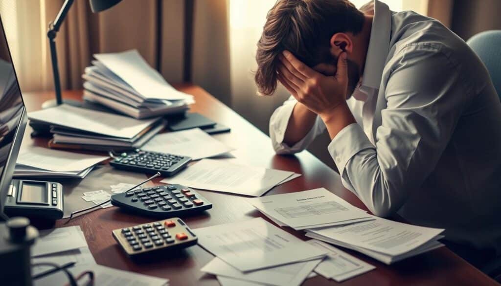 A cluttered desk with scattered papers, a broken calculator, and a frustrated person burying their head in their hands. The lighting is soft and warm, casting shadows that accentuate the sense of distress. The background is blurred, creating a focus on the central scene of a common savings mistake. The composition is balanced, with the person's posture and the scattered documents conveying the emotional weight of financial missteps. The overall mood is one of contemplation and a desire to learn from the experience.