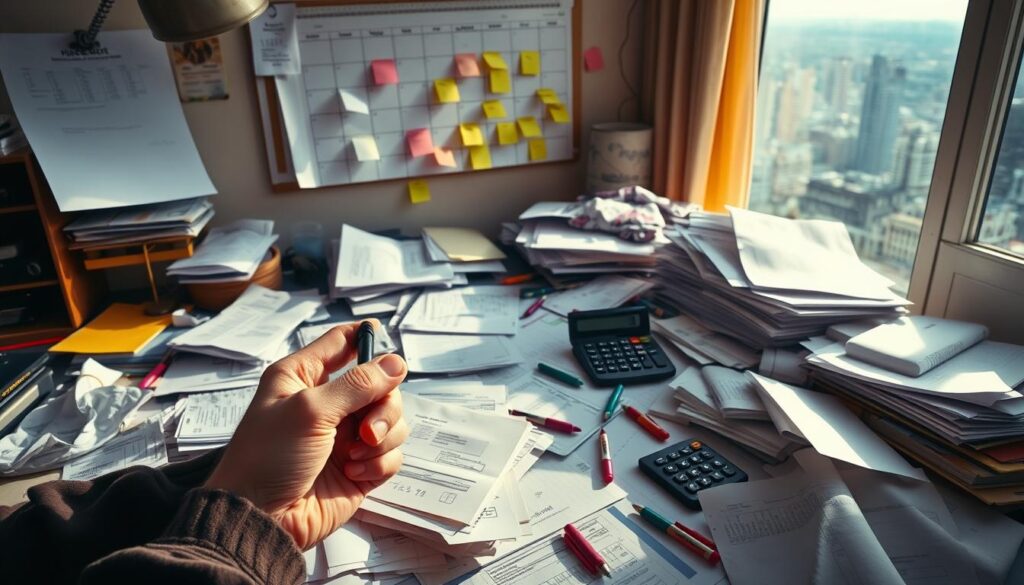 A cluttered desktop littered with financial documents, bills, and calculators, casting deep shadows under the warm glow of a desk lamp. In the foreground, a frustrated person's hands grip a pen, surrounded by crumpled papers and a growing stack of unpaid invoices. The middle ground features a wall calendar highlighting due dates, intertwined with tangles of colored highlighters and sticky notes. In the background, a window overlooking a cityscape, suggesting the overwhelming nature of personal debt management. The scene conveys a sense of burden, stress, and the need for a methodical approach to gaining control over finances. A cluttered desktop littered with financial documents, bills, and calculators, casting deep shadows under the warm glow of a desk lamp. In the foreground, a frustrated person's hands grip a pen, surrounded by crumpled papers and a growing stack of unpaid invoices. The middle ground features a wall calendar highlighting due dates, intertwined with tangles of colored highlighters and sticky notes. In the background, a window overlooking a cityscape, suggesting the overwhelming nature of personal debt management. The scene conveys a sense of burden, stress, and the need for a methodical approach to gaining control over finances.