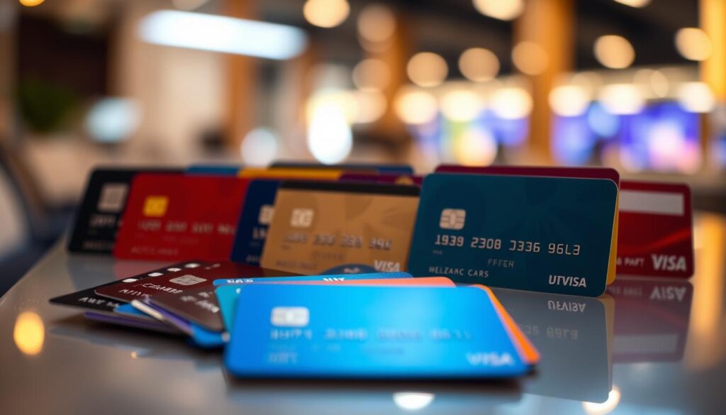 A collection of credit cards in various colors and designs, neatly arranged on a sleek, reflective surface. The cards are backlit, casting a soft, warm glow that creates an inviting and sophisticated atmosphere. The foreground is sharply in focus, while the background is slightly blurred, drawing the viewer's attention to the intricate details of the cards. The lighting is directional, creating subtle shadows and highlights that add depth and dimensionality to the scene. The overall composition is balanced and visually appealing, conveying a sense of financial stability and modern convenience.