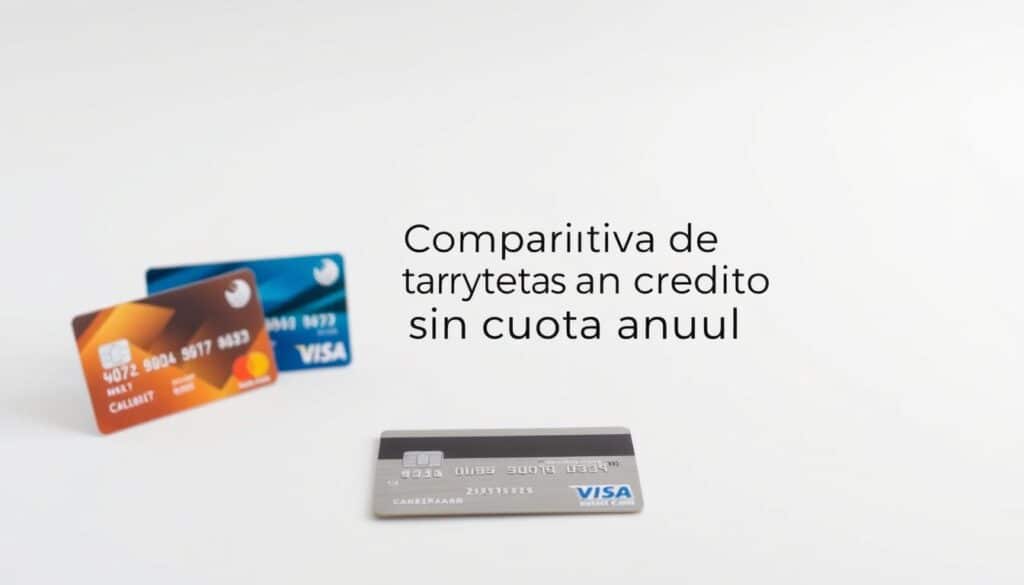 A comparison of credit cards with no annual fees, presented in a clean, minimalist style. The foreground showcases several credit cards, each with a distinct design and color scheme, neatly arranged on a white background. The middle ground features a simple, elegant title "Comparativa de tarjetas de crédito sin cuota anual" in a modern, sans-serif font. The background is a soft, neutral gradient, providing a calm and professional atmosphere. The lighting is soft and diffused, creating a subtle sense of depth and dimension. The overall composition is balanced and visually appealing, highlighting the key details of the credit card options in a clear and informative manner.