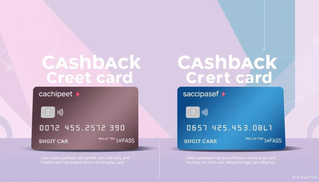 A comprehensive side-by-side comparison of popular cashback credit cards in Portugal, captured in a stylish, infographic-style illustration. The scene depicts two credit cards placed prominently in the foreground, their features and benefits displayed through crisp, detailed product renderings. The background blends geometric patterns, gradients, and clean typography to create a modern, data-driven aesthetic. Bright, diffused lighting illuminates the cards, showcasing their premium materials and design. The overall composition is balanced, with ample negative space to allow the key information to be legibly presented.