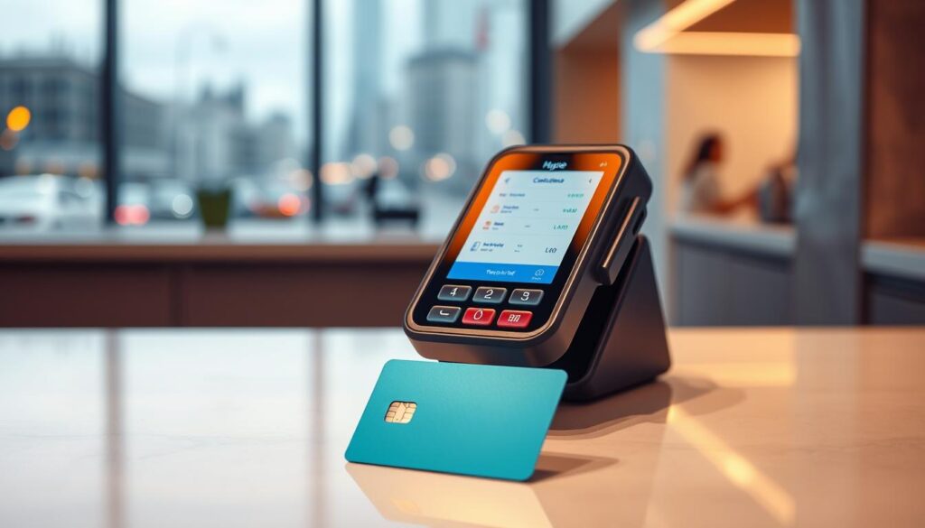 A contactless payment terminal on a sleek, modern countertop, with a Hype debit card gently placed in front of it. The terminal displays a seamless, intuitive interface, inviting the user to effortlessly complete their daily financial transactions. Soft, warm lighting illuminates the scene, creating a welcoming and efficient atmosphere. The Hype card is showcased in the foreground, its clean, minimalist design complementing the overall aesthetic. In the background, a blurred urban cityscape suggests the versatility of this payment solution for on-the-go lifestyles. The image conveys the convenience and simplicity of Hype's contactless payment capabilities, perfectly aligned with the section title "Funzioni principali della Carta Hype per pagamenti quotidiani". A contactless payment terminal on a sleek, modern countertop, with a Hype debit card gently placed in front of it. The terminal displays a seamless, intuitive interface, inviting the user to effortlessly complete their daily financial transactions. Soft, warm lighting illuminates the scene, creating a welcoming and efficient atmosphere. The Hype card is showcased in the foreground, its clean, minimalist design complementing the overall aesthetic. In the background, a blurred urban cityscape suggests the versatility of this payment solution for on-the-go lifestyles. The image conveys the convenience and simplicity of Hype's contactless payment capabilities, perfectly aligned with the section title "Funzioni principali della Carta Hype per pagamenti quotidiani".