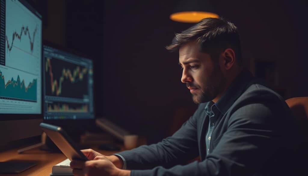 A contemplative businessman sitting at a desk, gazing thoughtfully at a tablet or laptop. The office environment is dimly lit, with a warm, muted color palette. The lighting casts dramatic shadows, emphasizing the pensive expression on the man's face. In the background, financial charts and graphs are visible on the computer screen, hinting at the complex analytical work underway. The overall atmosphere conveys a sense of introspection and the psychological factors that influence investment decisions.