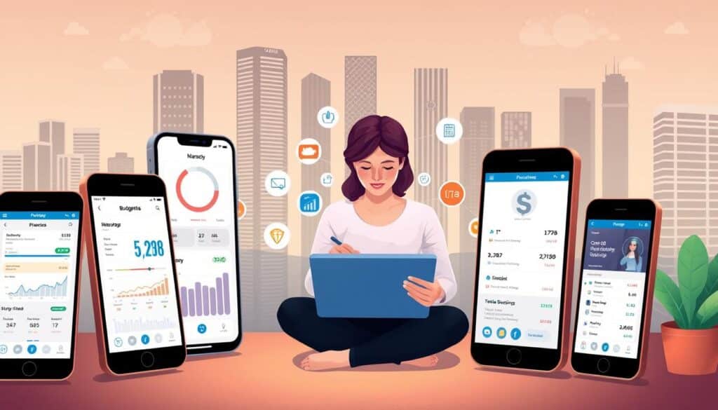 A contemporary digital illustration showcasing a variety of budgeting apps used in the Philippines. In the foreground, several mobile devices display clean, intuitive interfaces with charts, graphs, and expense tracking features. The middle ground features a woman diligently managing her finances on a tablet, surrounded by icons representing common budgeting functions. In the background, a cityscape of modern high-rises conveys the urban setting. The lighting is soft and inviting, with a warm color palette suggesting a sense of organization and control over personal finances. The overall mood is one of efficiency, technology, and financial empowerment. A contemporary digital illustration showcasing a variety of budgeting apps used in the Philippines. In the foreground, several mobile devices display clean, intuitive interfaces with charts, graphs, and expense tracking features. The middle ground features a woman diligently managing her finances on a tablet, surrounded by icons representing common budgeting functions. In the background, a cityscape of modern high-rises conveys the urban setting. The lighting is soft and inviting, with a warm color palette suggesting a sense of organization and control over personal finances. The overall mood is one of efficiency, technology, and financial empowerment.