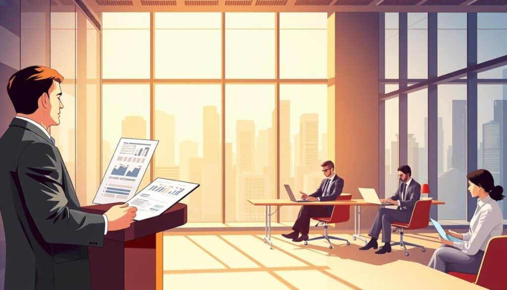 A corporate banking services illustration featuring a modern office setting with a focus on financial transactions and business operations. The foreground depicts a professional businessman in a suit standing at a podium, presenting financial reports and data visualizations to an attentive audience. The middle ground showcases a team of business executives engaged in discussions, analyzing charts and graphs on their laptops. The background features a sleek, glass-walled office interior with city skyline views, conveying a sense of a thriving corporate environment. The lighting is warm and directional, creating depth and highlighting the key elements. The overall mood is one of efficiency, professionalism, and financial prosperity. A corporate banking services illustration featuring a modern office setting with a focus on financial transactions and business operations. The foreground depicts a professional businessman in a suit standing at a podium, presenting financial reports and data visualizations to an attentive audience. The middle ground showcases a team of business executives engaged in discussions, analyzing charts and graphs on their laptops. The background features a sleek, glass-walled office interior with city skyline views, conveying a sense of a thriving corporate environment. The lighting is warm and directional, creating depth and highlighting the key elements. The overall mood is one of efficiency, professionalism, and financial prosperity.