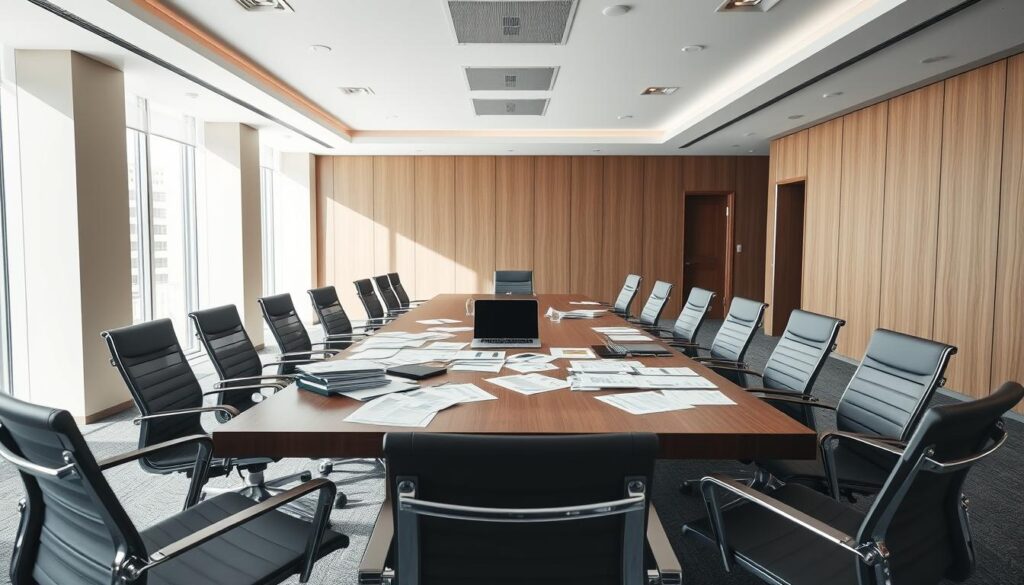 A corporate office interior with an expansive, well-lit conference room. The walls are adorned with sleek, minimalist decor and large windows that flood the space with natural light. At the center of the room, a long, polished wooden table is surrounded by ergonomic office chairs. Scattered across the table are various financial documents, spreadsheets, and a laptop, suggesting an active budgeting and cost-control session. The mood is one of focused productivity, with a sense of order and professionalism permeating the scene.
