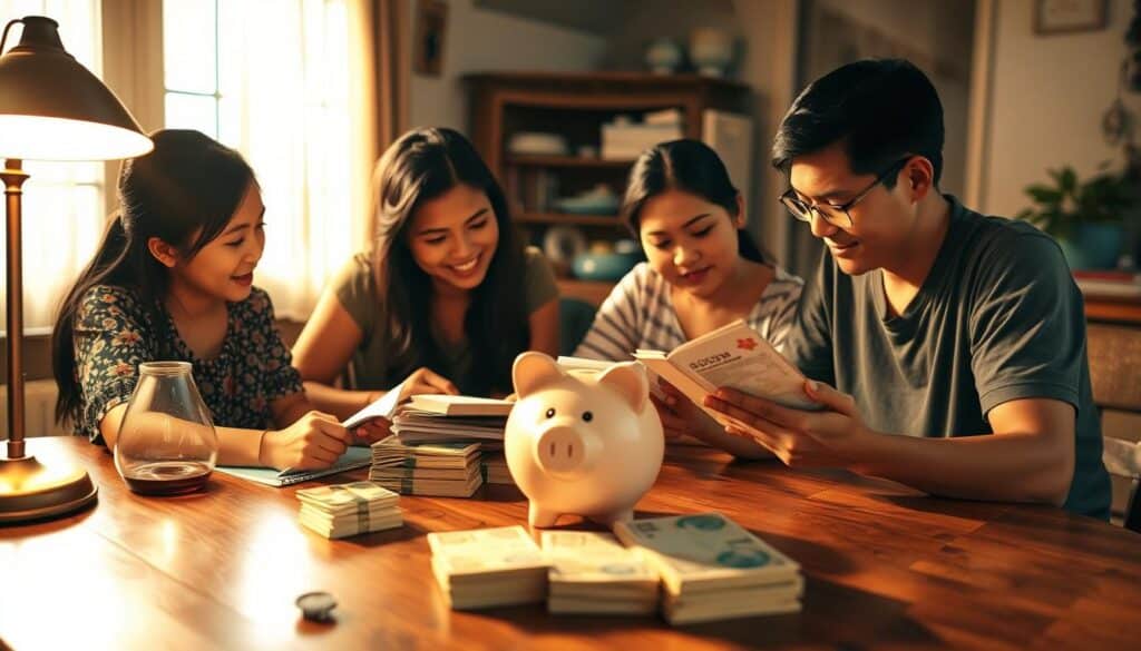 A cozy Filipino family gathered around a wooden table, examining their savings passbooks and discussing their long-term financial plan. The warm, golden lighting from a nearby lamp casts a soft glow, highlighting their thoughtful expressions. In the middle ground, a piggy bank and stacks of peso bills symbolize their collective effort to build a secure future. The background depicts a modest but well-maintained home, reflecting the family's prudent lifestyle. An air of contentment and financial responsibility permeates the scene, capturing the essence of "Pag-iimpok para sa Pamilya at Pangmatagalang Plano".