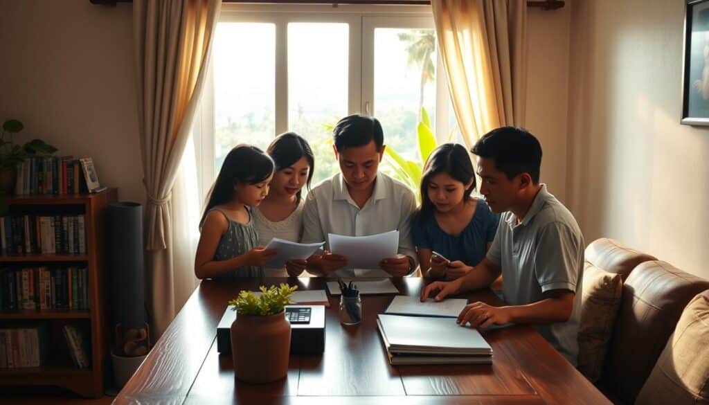 A cozy Filipino home with a warm, inviting atmosphere. In the foreground, a family gathers around a wooden table, discussing their financial plans and examining documents. The middle ground features a neatly organized bookshelf, showcasing personal finance books and a small potted plant. The background depicts a window overlooking a lush, tropical landscape, with sunlight streaming in and casting a soft, golden glow throughout the room. The overall mood is one of calm, security, and a sense of financial responsibility.