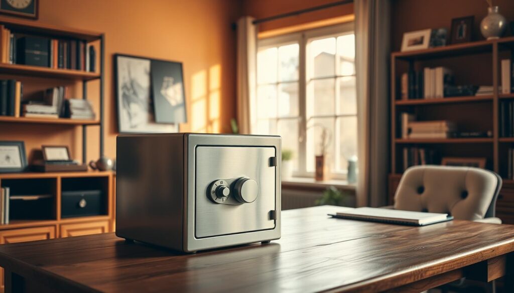 A cozy and inviting home office, with a wooden desk and shelves filled with books and trinkets. The walls are adorned with warm, earthy tones, creating a sense of comfort and security. On the desk, a sturdy, metal safe sits prominently, its polished surface catching the soft, natural light streaming through the large window. The safe represents the "drošības fonds," a crucial financial safeguard symbolizing preparedness and peace of mind. The overall atmosphere conveys a feeling of stability, responsibility, and careful planning, reflecting the importance of building an emergency fund and maintaining financial security.