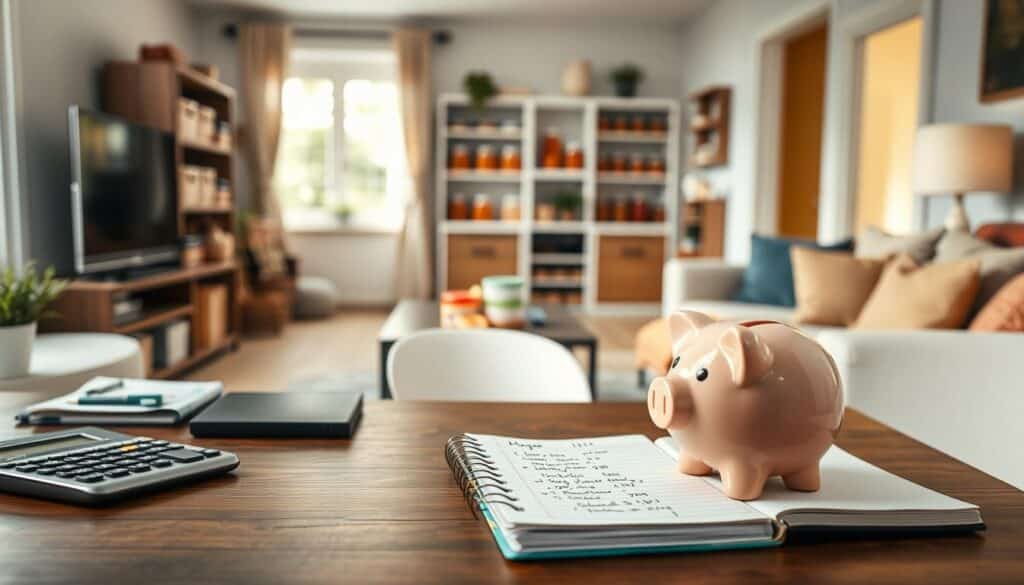 A cozy and inviting scene of a modern household showcasing various money-saving tips and tricks. In the foreground, a neatly organized desk displays a piggy bank, a calculator, and a notepad with handwritten financial notes. The middle ground features a well-stocked pantry with labeled jars and containers, suggesting smart grocery shopping and meal planning. In the background, a cozy living room with plush furnishings and natural lighting creates a warm and serene atmosphere, hinting at the comfortable lifestyle enabled by these practical savings strategies. The overall composition conveys a sense of financial responsibility and the rewards of prudent money management.
