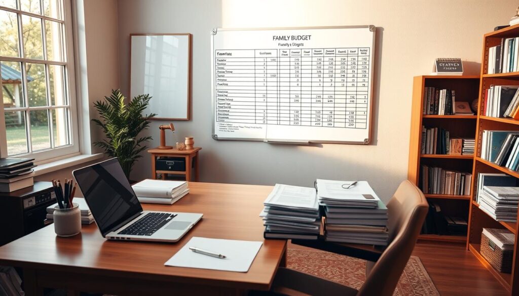 A cozy and organized home office, with a wooden desk displaying a laptop, calculator, and neatly arranged documents. In the background, a wall-mounted whiteboard showcases a meticulously planned family budget, while shelves on the side hold reference books and financial records. Warm, natural lighting filters through large windows, creating a sense of productivity and financial well-being. The overall scene conveys a harmonious and intentional approach to family financial planning.