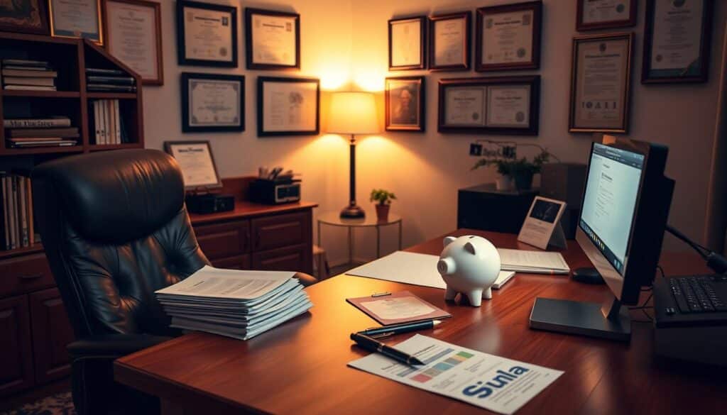 A cozy and well-lit home office with a large wooden desk, a comfortable leather chair, and a modern desktop computer. On the desk, a stack of financial documents, a pen, and a piggy bank symbolizing pension savings. The walls are adorned with framed certificates and diplomas, conveying a sense of financial expertise. Warm lighting from a desk lamp casts a soft glow, creating a productive and contemplative atmosphere. The room is meticulously organized, reflecting the subject's disciplined approach to retirement planning and tax optimization.