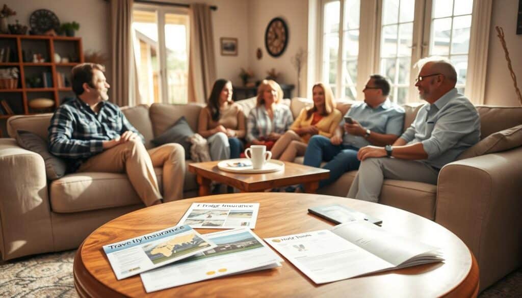 A cozy family gathering in a comfortable living room, with natural lighting streaming in through large windows. In the foreground, a multigenerational group sits together on plush sofas, discussing their recent travels and upcoming plans. In the middle ground, a coffee table displays brochures and documents related to travel insurance, hinting at the protection and peace of mind the family seeks for their adventures. The background depicts warm, earthy tones and subtle decorative elements that create a sense of security and belonging. The overall scene conveys a feeling of familial unity, financial responsibility, and the importance of safeguarding one's journeys. A cozy family gathering in a comfortable living room, with natural lighting streaming in through large windows. In the foreground, a multigenerational group sits together on plush sofas, discussing their recent travels and upcoming plans. In the middle ground, a coffee table displays brochures and documents related to travel insurance, hinting at the protection and peace of mind the family seeks for their adventures. The background depicts warm, earthy tones and subtle decorative elements that create a sense of security and belonging. The overall scene conveys a feeling of familial unity, financial responsibility, and the importance of safeguarding one's journeys.