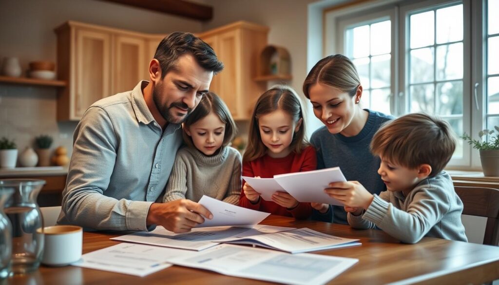 A cozy family home, warm and inviting, with parents and children gathered around the kitchen table, reviewing financial documents and discussing their long-term goals. Soft, natural lighting filters through large windows, casting a serene glow over the scene. The parents lean in, brows furrowed in concentration, as they meticulously plan their family's financial future, balancing present needs with future aspirations. Children look on, engaged and curious, learning the importance of responsible financial management. A sense of unity and purpose permeates the atmosphere, reflecting the family's commitment to secure their collective well-being.