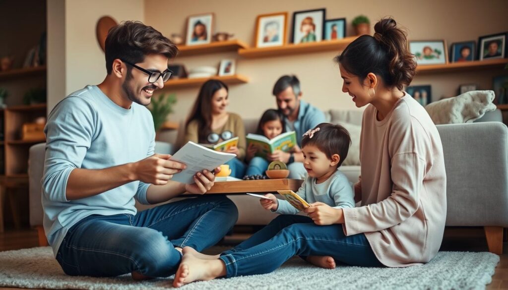 A cozy family scene in a warm, inviting living room. In the foreground, a young parent sits on the floor, patiently explaining financial concepts to their eager child, using simple visual aids. The middle ground depicts a family gathered around a coffee table, discussing budgeting strategies and savings plans. In the background, shelves display children's books on money management, alongside framed family photos. Soft, diffused lighting creates a calm, nurturing atmosphere, while subtle earth tones and natural textures evoke a sense of comfort and security. The overall composition conveys the importance of early financial education within the family context.