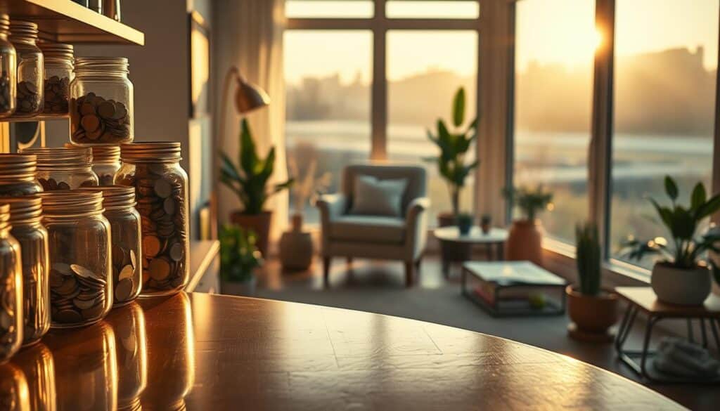 A cozy home interior, bathed in warm, golden lighting. In the foreground, a meticulously organized shelf displaying jars of coins, piggy banks, and other savings vessels. Reflections of the contents dance across the polished wood surface. In the middle ground, a comfortable armchair invites the viewer to sit and contemplate their financial goals, surrounded by potted plants and a minimalist decor scheme. The background reveals a large window, framing a tranquil, suburban landscape blanketed in a soft, hazy glow. The overall atmosphere evokes a sense of calm, thoughtful money management and a purposeful approach to personal finance.