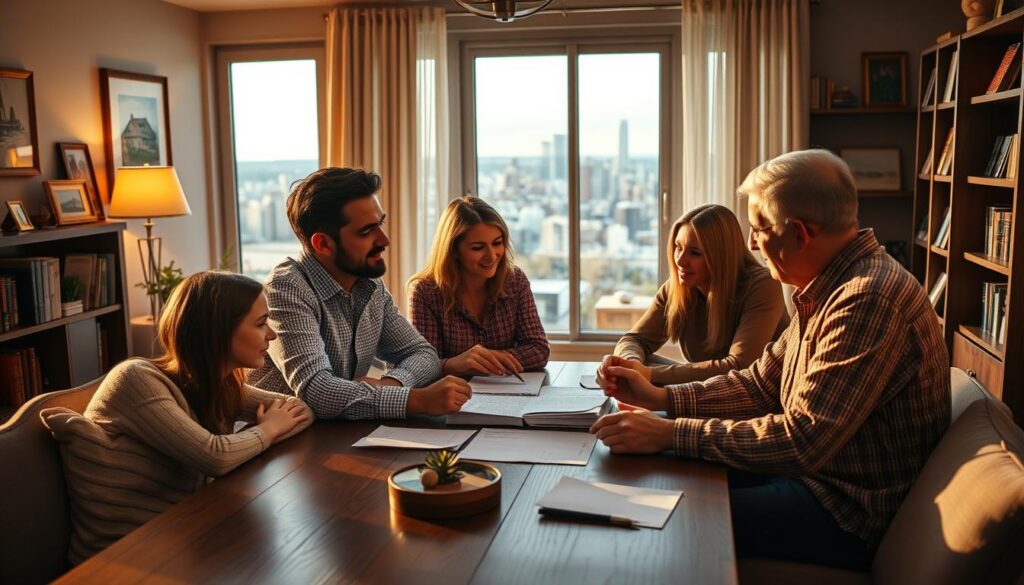 A cozy home interior with a central family gathered around a wooden table, discussing tax planning strategies for real estate investments. The scene is bathed in warm, golden lighting, creating a sense of comfort and togetherness. In the background, a large window overlooks a cityscape, hinting at the financial complexities of property ownership. The family members are engaged in animated conversation, their expressions reflecting the importance of this topic. The details of the room, such as bookshelves, artwork, and personal mementos, suggest a well-established, prosperous household. The overall atmosphere conveys a sense of financial security and prudent decision-making.