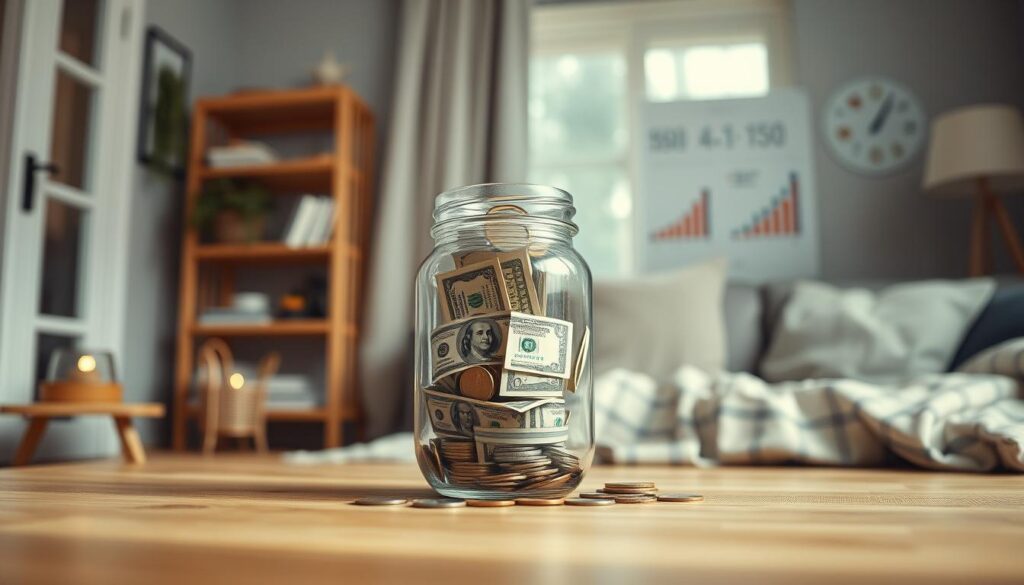 A cozy home interior with a prominently featured emergency savings fund in the center of the frame, surrounded by a warm, soft lighting and a serene, minimalist atmosphere. The fund is represented by a glass jar or piggy bank, filled with neatly stacked bills and coins, conveying a sense of security and preparedness. In the background, subtle financial charts and graphs provide a sense of the importance of such a fund, while natural, earthy tones and textures create a calming, inviting ambiance. The overall composition suggests the value of building a "skubus fondas" as a crucial component of responsible financial planning.
