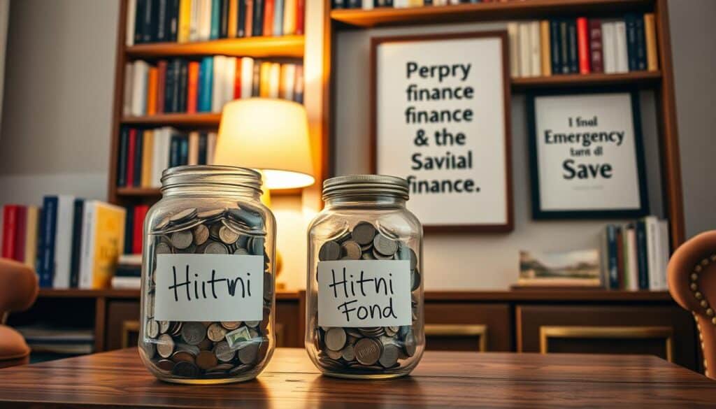 A cozy home interior with a well-stocked emergency fund jar prominently displayed on a sturdy wooden table. Soft lighting from a table lamp casts a warm glow, highlighting the jar's contents of various currencies and coins. The jar's label reads "Hitni Fond" in a classic serif font. In the background, bookshelves filled with personal finance books and a framed motivational quote about the importance of saving create a sense of financial responsibility and stability. The overall atmosphere conveys a feeling of preparedness, security, and a commitment to responsible money management.