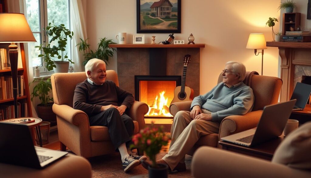 A cozy home interior with an elderly couple sitting in comfortable armchairs, surrounded by various sources of additional income in retirement - a small vegetable garden, a bookshelf with books and trinkets, a guitar, and a laptop on a side table. Soft, warm lighting from a floor lamp and a fireplace creates a welcoming, peaceful atmosphere. The couple appears engaged in a relaxed conversation, reflecting on their thoughtful planning for a secure and fulfilling retirement. A cozy home interior with an elderly couple sitting in comfortable armchairs, surrounded by various sources of additional income in retirement - a small vegetable garden, a bookshelf with books and trinkets, a guitar, and a laptop on a side table. Soft, warm lighting from a floor lamp and a fireplace creates a welcoming, peaceful atmosphere. The couple appears engaged in a relaxed conversation, reflecting on their thoughtful planning for a secure and fulfilling retirement.