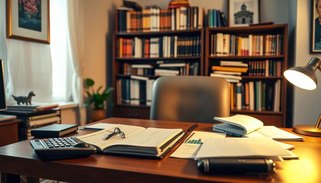 A cozy home office setting, bathed in warm, soft lighting. On the desk, a ledger, a calculator, and various financial documents neatly arranged, reflecting the organized financial habits of the occupant. In the background, bookshelves filled with reference materials on personal finance and economics, conveying a sense of expertise and diligence. The walls are adorned with framed artwork, adding a touch of personality and creativity to the space. The overall atmosphere is one of calm, focus, and a balanced approach to money management, reflecting the "finanšu ieradumi" or financial habits of the individual. A cozy home office setting, bathed in warm, soft lighting. On the desk, a ledger, a calculator, and various financial documents neatly arranged, reflecting the organized financial habits of the occupant. In the background, bookshelves filled with reference materials on personal finance and economics, conveying a sense of expertise and diligence. The walls are adorned with framed artwork, adding a touch of personality and creativity to the space. The overall atmosphere is one of calm, focus, and a balanced approach to money management, reflecting the "finanšu ieradumi" or financial habits of the individual.
