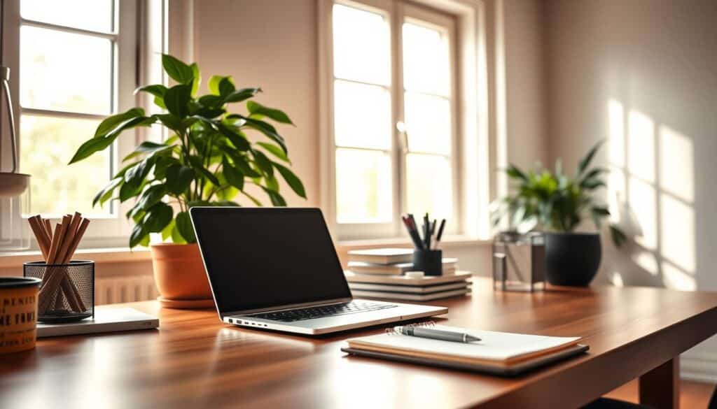 A cozy home office setting, with a neatly organized desk showcasing a sleek laptop, a well-stocked stationery organizer, and a lush, verdant indoor plant. The room is bathed in warm, diffused natural light filtering through large windows, creating a serene and productive atmosphere. On the desk, a notepad and pen lie ready, hinting at the careful budgeting and income optimization activities about to unfold. The overall composition exudes a sense of focus, efficiency, and financial responsibility, perfectly complementing the subject matter of "Eelarve koostamine ja sissetulekute optimeerimine".