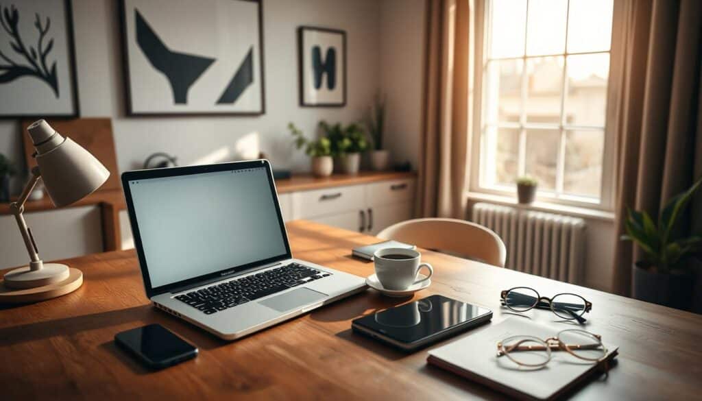 A cozy home office setup with a laptop, smartphone, and various office supplies on a wooden desk. A large window in the background allows natural light to flood the space, creating a warm and inviting atmosphere. The desk is organized, with a cup of coffee, a plant, and a pair of reading glasses, conveying a sense of productivity and professionalism. The walls are adorned with minimalist artwork, contributing to the modern and sleek aesthetic. The overall scene evokes a sense of efficient online banking for small business owners, with a focus on simplicity, convenience, and a touch of sophistication.