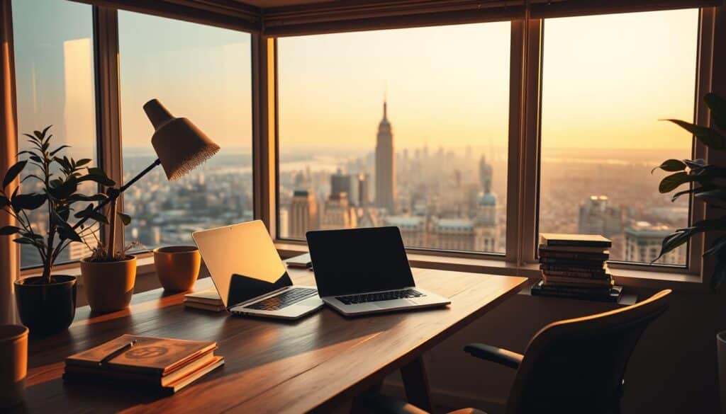 A cozy home office setup, with a wooden desk, a laptop, a stack of books, and a potted plant. The lighting is warm and inviting, creating a serene and productive atmosphere. In the background, a large window offers a view of a serene cityscape, hinting at the potential for growth and opportunity. The overall composition conveys a sense of focus, organization, and the start of an exciting new investment journey.