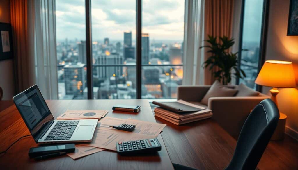 A cozy home office with a laptop, calculator, and financial documents scattered on a wooden desk. Warm, indirect lighting casts a soft glow, creating an atmosphere of focused productivity. In the background, a floor-to-ceiling window offers a view of a bustling city skyline, symbolizing the connection between real estate and financial planning. The overall scene conveys the idea of carefully navigating the complexities of property-related loans and leveraging them for successful investment strategies.