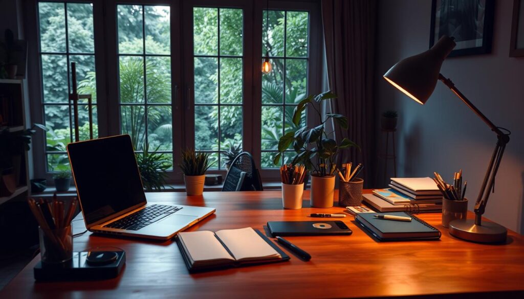 A cozy home office with a laptop, notebook, and various office supplies neatly arranged on a wooden desk. Warm, indirect lighting from a floor lamp casts a soft glow, creating a calm and focused atmosphere. In the background, a large window offers a view of a lush, verdant garden, hinting at opportunities for inspiration and relaxation beyond the work at hand. The overall scene conveys a sense of productivity, balance, and the potential for additional income streams to enhance a well-planned home budget. A cozy home office with a laptop, notebook, and various office supplies neatly arranged on a wooden desk. Warm, indirect lighting from a floor lamp casts a soft glow, creating a calm and focused atmosphere. In the background, a large window offers a view of a lush, verdant garden, hinting at opportunities for inspiration and relaxation beyond the work at hand. The overall scene conveys a sense of productivity, balance, and the potential for additional income streams to enhance a well-planned home budget.