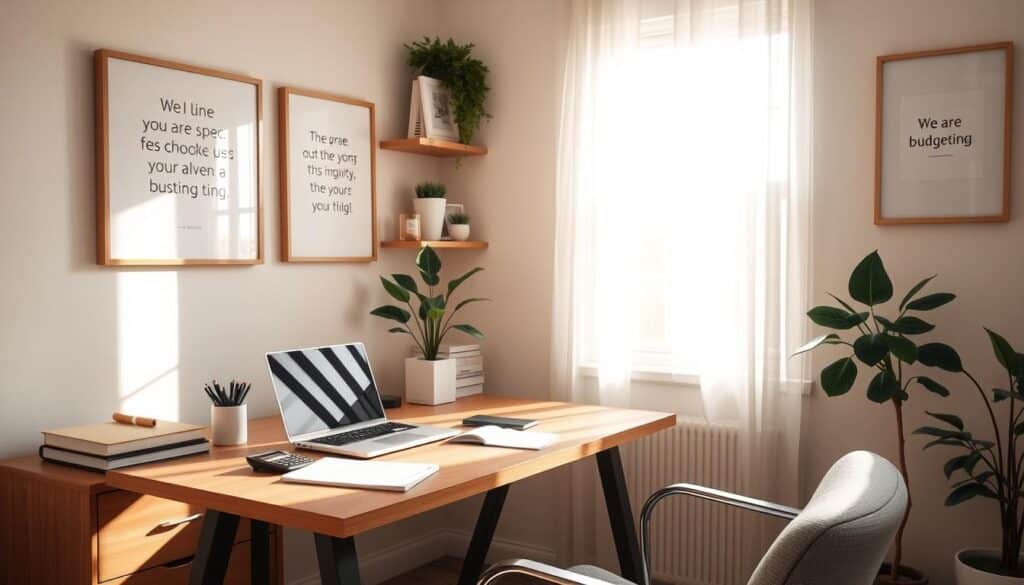 A cozy home office, with a neatly organized desk and shelves, bathed in warm, natural lighting. On the desk, a laptop, a stack of papers, and a calculator, symbolizing the act of effective budgeting. The walls are adorned with minimalist, inspiring artwork, creating a sense of balance and productivity. A plant in the corner adds a touch of life to the scene. The overall atmosphere conveys a sense of control, efficiency, and financial well-being.
