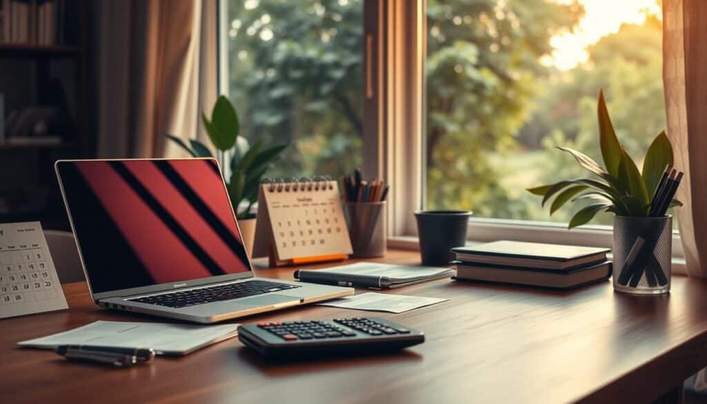 A cozy home office with a neatly organized desk, featuring a laptop, stationery, and a calculator. Warm, indirect lighting creates a welcoming atmosphere, while a calendar and a pen holder suggest the process of budgeting and financial planning. In the background, a window overlooking a tranquil, lush garden provides a serene backdrop, symbolizing the harmony between personal finances and lifestyle. The overall scene conveys a sense of control, efficiency, and a balanced approach to household budgeting.