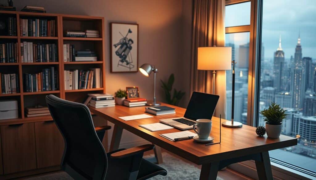 A cozy home office with a stylish wooden desk and an ergonomic chair. On the desk, a laptop, a cup of coffee, and various office supplies. Soft, warm lighting from a desk lamp illuminates the scene, creating a productive and inviting atmosphere. In the background, a bookshelf filled with references and a large window overlooking a vibrant city skyline. The overall mood is one of focused determination and financial independence.