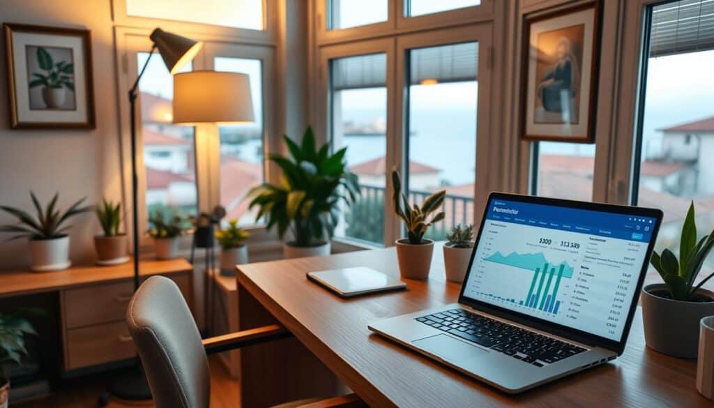 A cozy home office with a well-organized personal budget displayed on a laptop screen. The workspace features a minimalist wooden desk, a comfortable chair, and a warm floor lamp casting a gentle glow. Potted plants and framed artwork add a touch of personal style. The background showcases a view of a peaceful Croatian neighborhood through large windows, with the Adriatic Sea peeking in the distance. The overall atmosphere is one of focused productivity, financial responsibility, and a sense of tranquil independence.