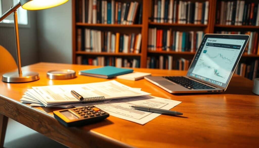 A cozy home office with a wooden desk, a laptop, and a stack of financial documents. Warm, golden lighting from a desk lamp casts a soft glow, creating a focused and contemplative atmosphere. On the desk, a calculator, a pen, and a neatly organized set of financial statements and budget worksheets. In the background, bookshelves filled with reference materials, creating a sense of professionalism and expertise. The scene conveys the thoughtful process of budget planning and financial management, essential for achieving financial independence.
