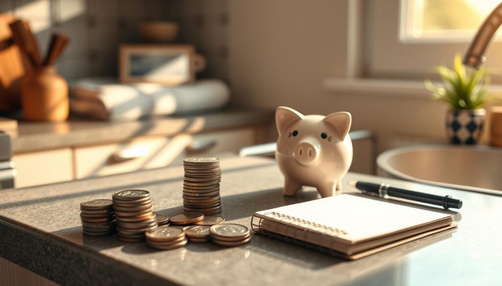 A cozy kitchen counter with an array of everyday household items neatly arranged - a stack of coins, a piggy bank, a small notebook, and a pen. The scene is bathed in warm, natural light filtering through a nearby window, casting soft shadows and imbuing the space with a sense of tranquility. The overall mood is one of mindfulness and purposeful daily savings, as if the viewer is witnessing a moment of intentional financial management in the midst of a well-organized, harmonious home environment.