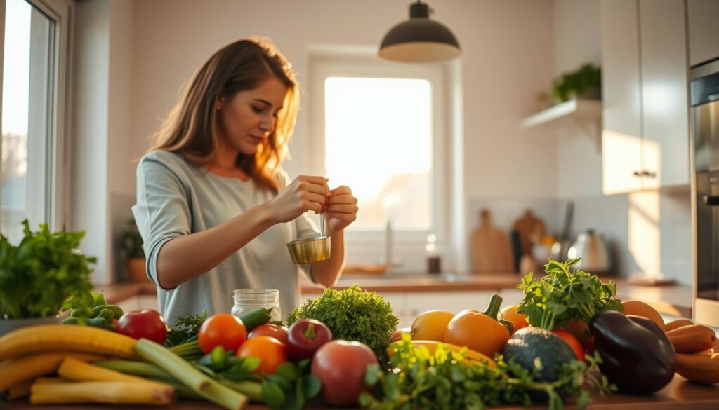 A cozy kitchen interior, bathed in warm golden light from a large window. In the foreground, a woman carefully measuring ingredients, her movements graceful and efficient. On the counter, an array of colorful, fresh produce - crisp vegetables, ripe fruits, and fragrant herbs. The background features simple, minimalist cabinetry and appliances, lending a sense of order and tranquility. The overall scene conveys a feeling of mindful, budget-conscious meal preparation, where every ingredient is thoughtfully selected and utilized. The composition is balanced, with a focus on the woman's hands and the ingredients, to capture the essence of "prihranek pri hrani" - saving on food costs through intentional, resourceful cooking.
