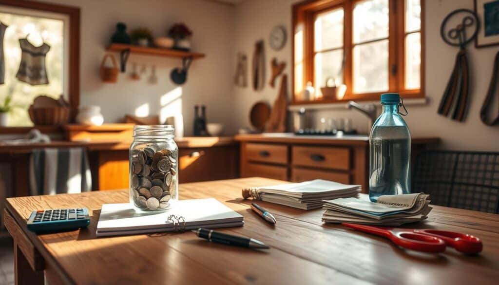 A cozy kitchen interior with sunlight streaming through a window, illuminating a wooden table adorned with practical household items - a glass jar filled with coins, a notepad and pen, a calculator, and a pair of scissors. On the table, various everyday objects are neatly arranged, showcasing practical money-saving tips and tricks, such as a clothesline, a reusable water bottle, and a stack of coupons. The walls are adorned with simple, minimalist decor, creating a warm and inviting atmosphere that reflects the theme of everyday frugality and smart budgeting.