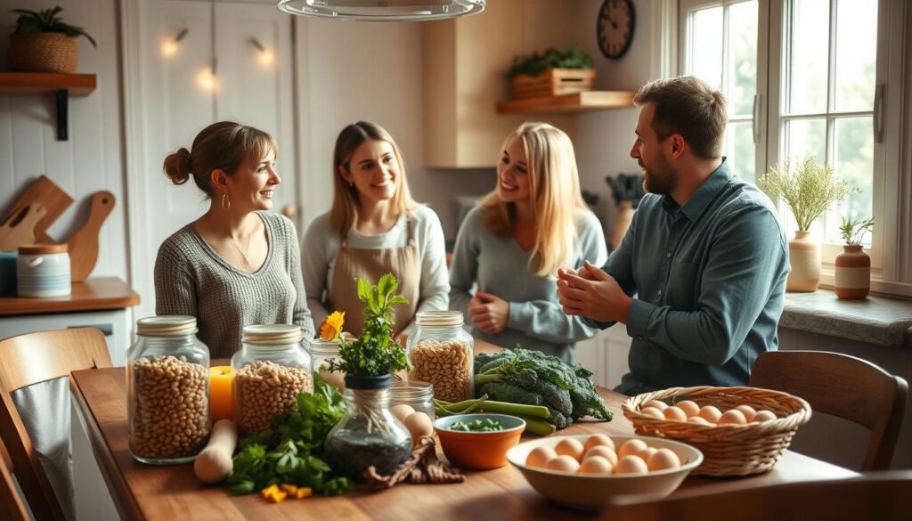 A cozy kitchen scene with a family gathering around the table, focused on everyday savings strategies. Soft natural lighting filters through a large window, illuminating a table laden with simple, homemade ingredients - fresh vegetables, a jar of dried beans, a basket of eggs. Family members, dressed in casual, comfortable attire, are engaged in a lively discussion, exchanging ideas and tips for cutting costs on daily essentials. The overall atmosphere is warm, inviting, and reflective of a mindful, practical approach to household budgeting.