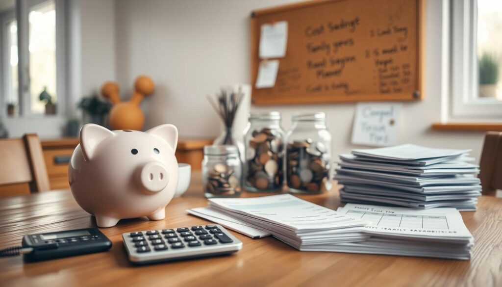 A cozy kitchen scene with a wooden table showcasing simple yet effective daily savings strategies. Soft, natural lighting filters through a nearby window, casting a warm glow. In the foreground, a piggy bank, a calculator, and neatly stacked receipts represent the practical tools of money management. The middle ground features jars filled with coins, a stack of bills, and a family budget planner, emphasizing the importance of organization and planning. In the background, a corkboard displays handwritten notes on cost-saving tips, creating an atmosphere of mindful financial awareness. The overall mood is one of calm, focus, and a sense of control over personal finances.