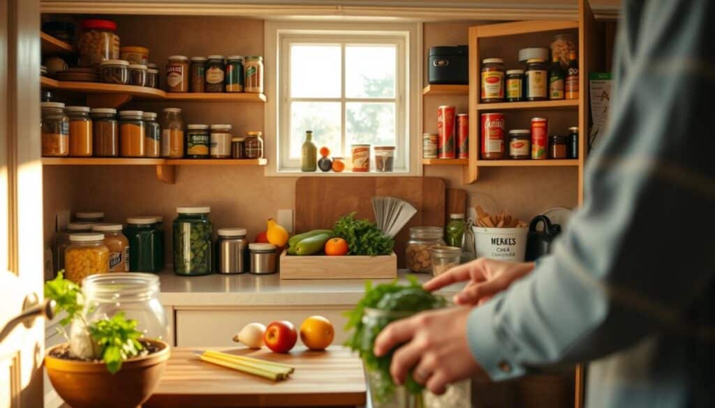 A cozy kitchen scene with an open pantry filled with neatly organized jars, cans, and packages. On the counter, a variety of fresh produce and a cutting board, suggesting thoughtful meal preparation. Warm, natural lighting filters through a window, casting a soft glow. In the foreground, a person's hands carefully selecting items, demonstrating a mindful, economical approach to grocery shopping and cooking. The overall atmosphere conveys a sense of intentional, sustainable living.