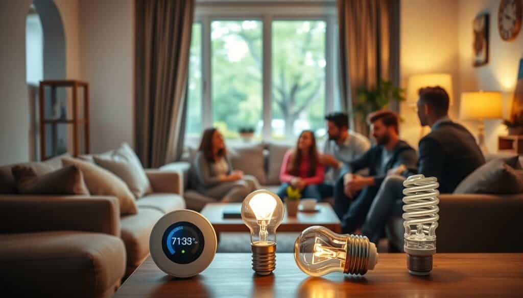 A cozy living room with soft lighting and a warm, inviting atmosphere. In the foreground, a family gathers around a low table, discussing energy-saving strategies - insulating windows, upgrading appliances, and monitoring usage. The middle ground features a smart thermostat and an energy-efficient lightbulb, symbolizing the practical steps towards a more sustainable home. In the background, a window offers a glimpse of a serene, tree-lined street, suggesting a sense of environmental consciousness. The overall tone is one of thoughtful consideration, with an emphasis on practical, cost-effective solutions for everyday life. A cozy living room with soft lighting and a warm, inviting atmosphere. In the foreground, a family gathers around a low table, discussing energy-saving strategies - insulating windows, upgrading appliances, and monitoring usage. The middle ground features a smart thermostat and an energy-efficient lightbulb, symbolizing the practical steps towards a more sustainable home. In the background, a window offers a glimpse of a serene, tree-lined street, suggesting a sense of environmental consciousness. The overall tone is one of thoughtful consideration, with an emphasis on practical, cost-effective solutions for everyday life.