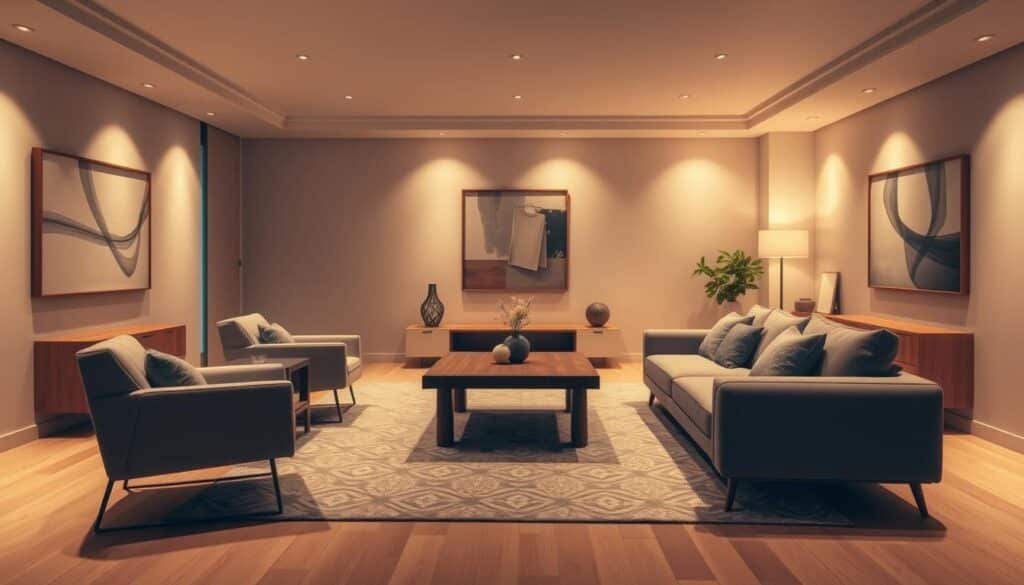 A cozy living room with warm lighting, showcasing a modern, minimalist design. The focal point is a large, wooden table in the center, surrounded by comfortable armchairs and a sleek, low-profile sofa. The walls are adorned with simple, abstract art, creating a tranquil and inviting atmosphere. The room is bathed in a soft, golden glow from recessed ceiling lights, with a large window in the background allowing natural light to filter in. The overall scene conveys a sense of relaxation and financial security, reflecting the comfortable and attainable nature of home loan rates in Estonia.