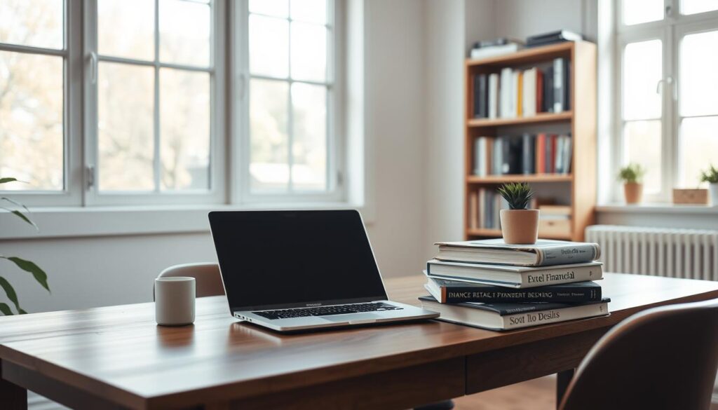 A cozy, minimalist home office scene, bathed in soft, natural lighting filtering through large windows. On a wooden desk, a laptop, a small potted plant, and a stack of finance books, hinting at the topic of personal investing. In the background, a bookshelf filled with various financial literature. The overall atmosphere is serene and inviting, encouraging the viewer to embark on their investment journey. The camera angle is slightly elevated, providing a comprehensive view of the workspace, conveying a sense of guidance and accessibility for beginner investors.
