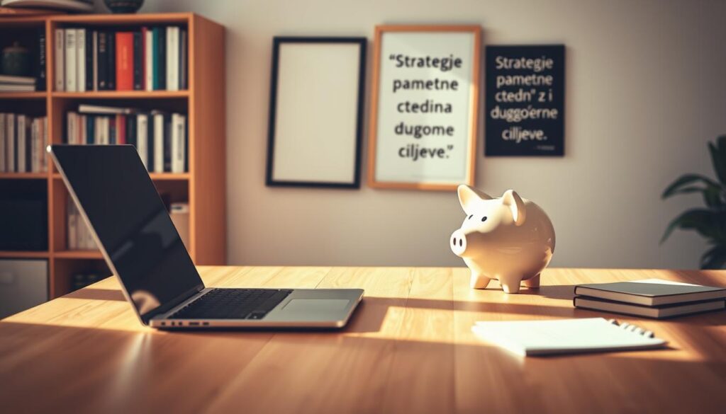 A cozy, minimalist home office, with a wooden desk, a sleek laptop, and a stylish piggy bank prominently displayed. The scene is bathed in warm, natural lighting, creating a serene and productive atmosphere. In the background, a bookshelf filled with financial planning books and a framed inspirational quote about the value of savings. The overall composition conveys a sense of financial responsibility and long-term thinking, reflecting the theme of "Strategije pametne štednje za kratkoročne i dugoročne ciljeve".