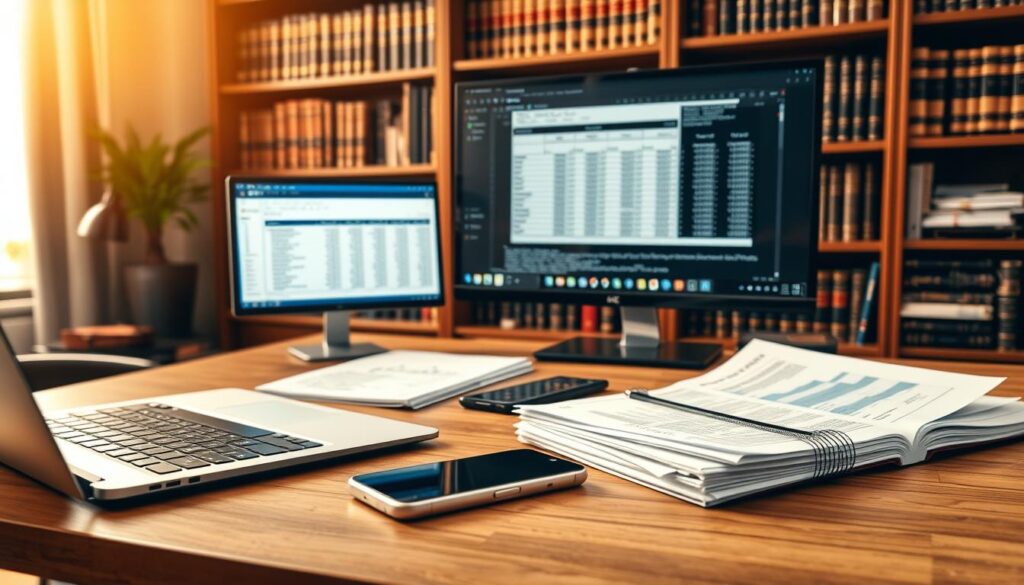 A cozy office setting bathed in warm, golden light. In the foreground, a well-organized desk featuring a laptop, a sleek smartphone, and a stack of financial documents. In the middle ground, a large monitor displaying a spreadsheet with complex tax calculations. The background showcases a bookshelf filled with legal and financial tomes, creating an atmosphere of knowledge and expertise. The overall mood is one of thoughtful contemplation, with the attention focused on the intricacies of investment strategies and tax optimization. The composition emphasizes the importance of careful planning and attention to detail when navigating the financial landscape.
